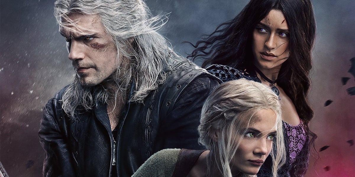 Henry Cavill as Geralt of Rivia, Anya Chalotra as Yennefer, and Freya Allan as Ciri in The Witcher season 3 official poster
