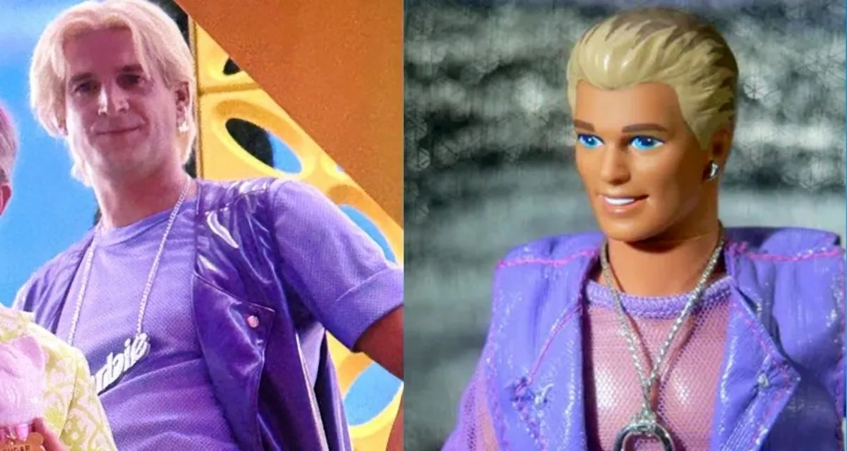 Tom Stourton as Earring Magic Ken in Barbie compared to Earring Magic Ken Toy