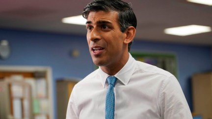 Britain's Prime Minister Rishi Sunak answers to reporters after meeting students at a school in London, Monday, July 17, 2023