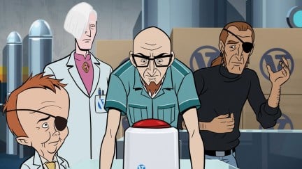 Image from Adult Swim's 'The Venture Bros.: Radiant is the Blood of a Baboon Heart.' Dr Venture, Billy Quizboy, Pete White and Pirate Captain look over VenTek’s newest product, the Helper Pod.