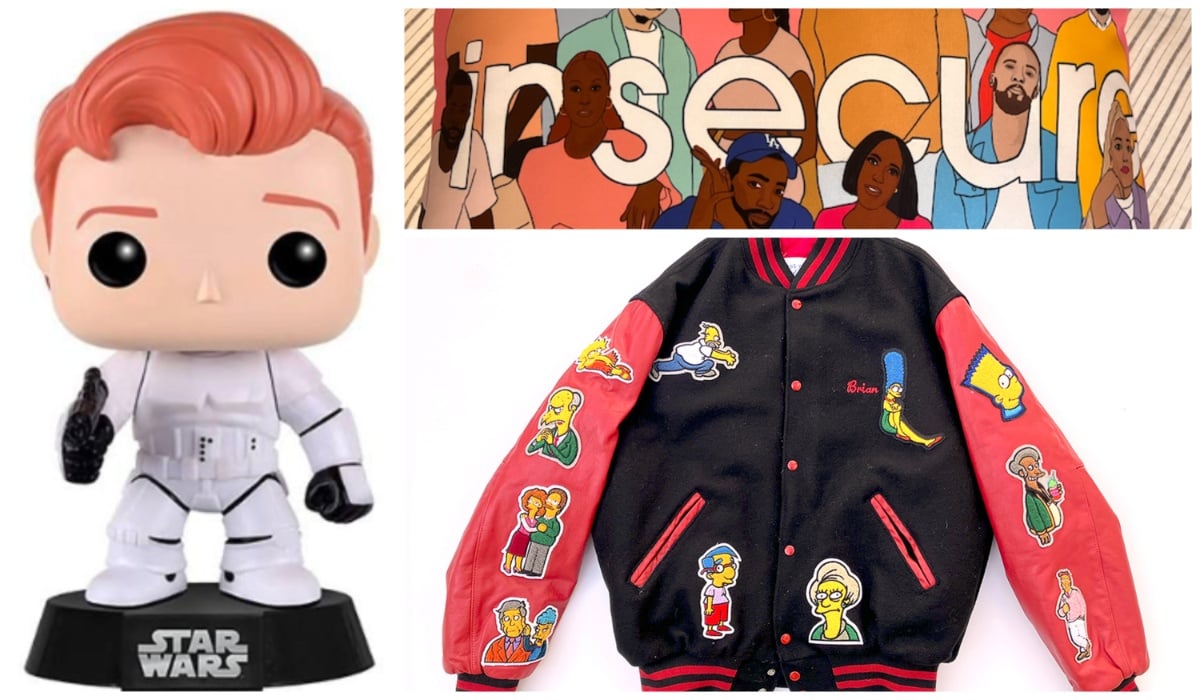 WGARAGE Sale items, including a Conan funko pop (lol), a Simpsons Varsity Jacket, and an Insecure throw pillow commissioned by Jay Ellis!