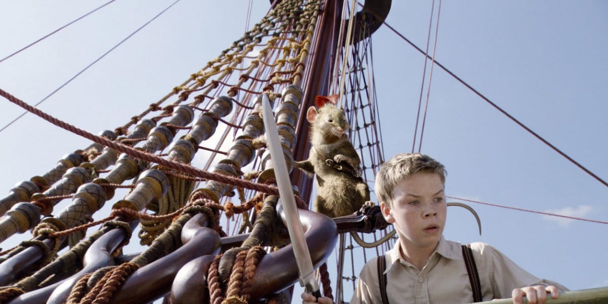 Will Poulter as Eustace Scrubb, holding a sword on a ship with the mouse Reepicheep above him. 