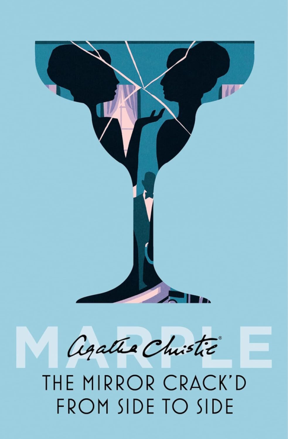 Cover of the Agatha Christie novel A Mirror Cracked from Side to Side; a Blue cover with a cut out shaped like a coupe glass with the silhouettes of two women in it.