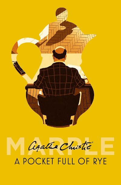 Cover of Agatha Christie's novel A Pocket Full of Rye; a yellow cover with the image of a balding man in a suit seen from behind in a cut out shape like a coffee pot