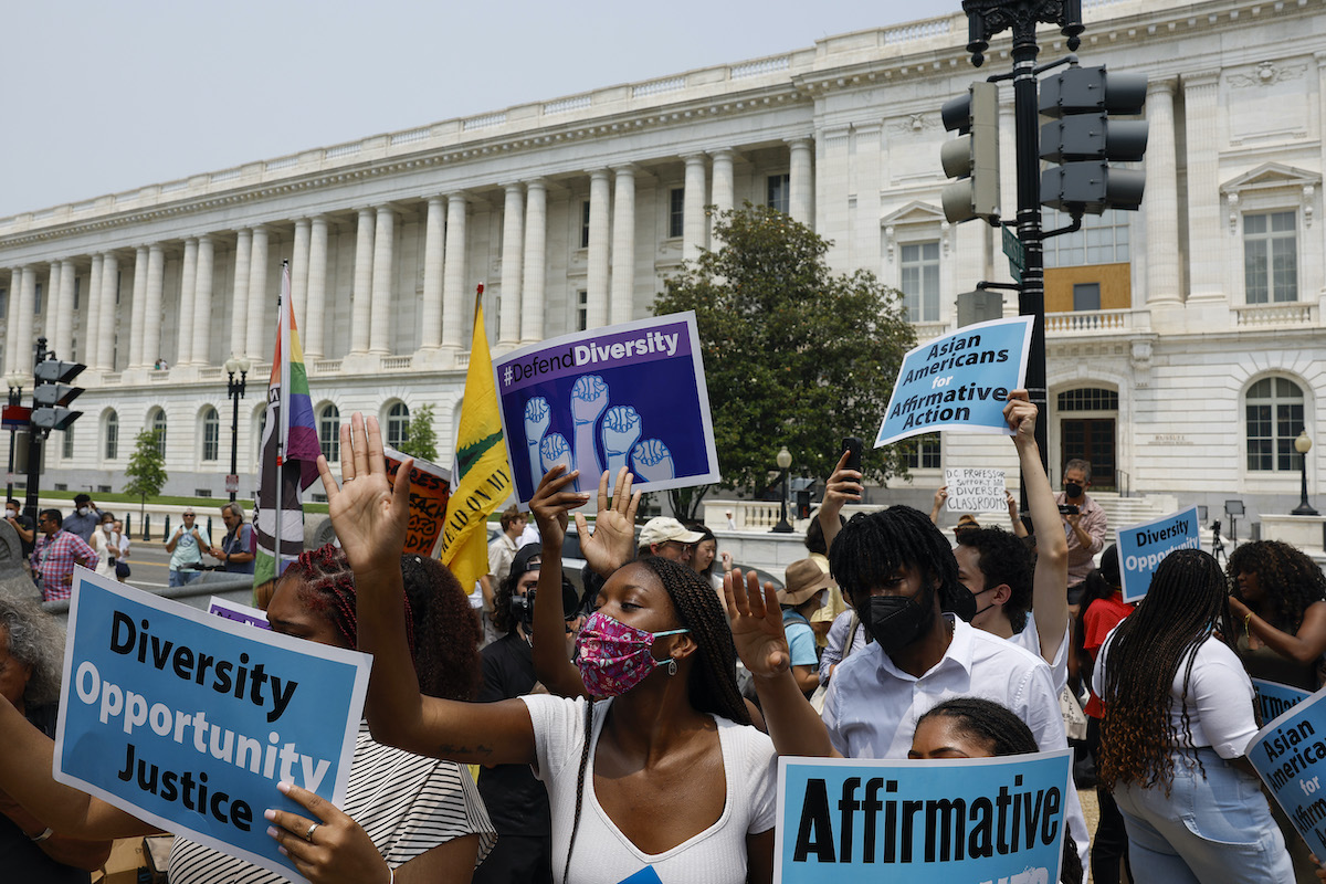 A group of protesters rally for affirmative action.