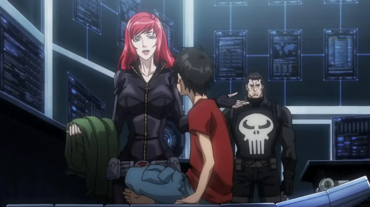 An animated Black Widow and Amadeus having a conversation while Punisher is in the background in "Avengers Confidential: Black Widow and Punisher"