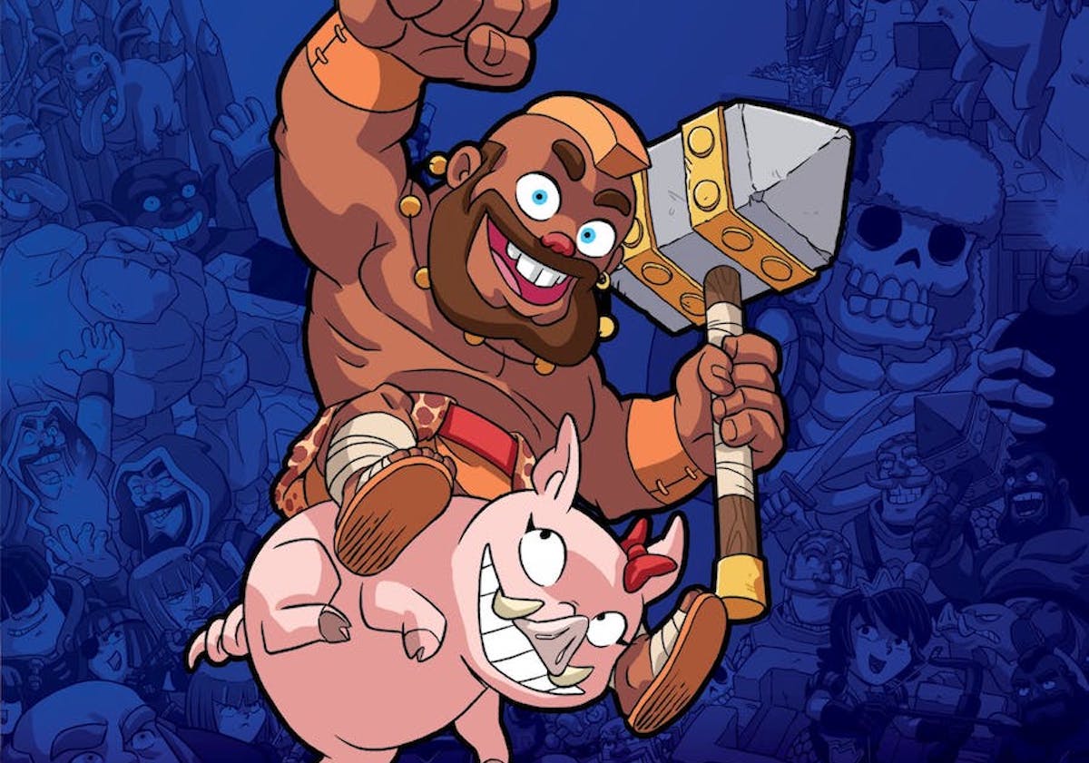 Cover of The Books of Clash vol 1, with a hog rider pumping his fist and holding a stone hammer.