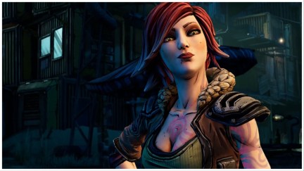 Image of Lilith the Siren, a white woman with chin-length red hair, a post-apocalyptic brown, shoulder-padded vest and a dingy tank top stands in a warehouse in the video game 'Borderlands.'