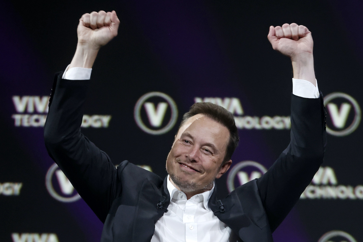 Elon Musk mugs and holds his fists above his head as if in victory.