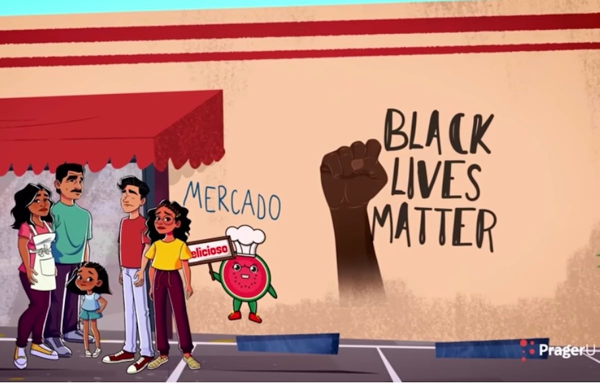 An illustration of a Mexican family looking sad next to some Black Lives Matter graffiti.