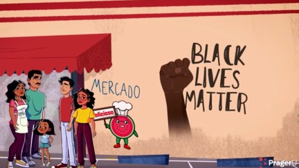 An illustration of a Mexican family looking sad next to some Black Lives Matter graffiti.