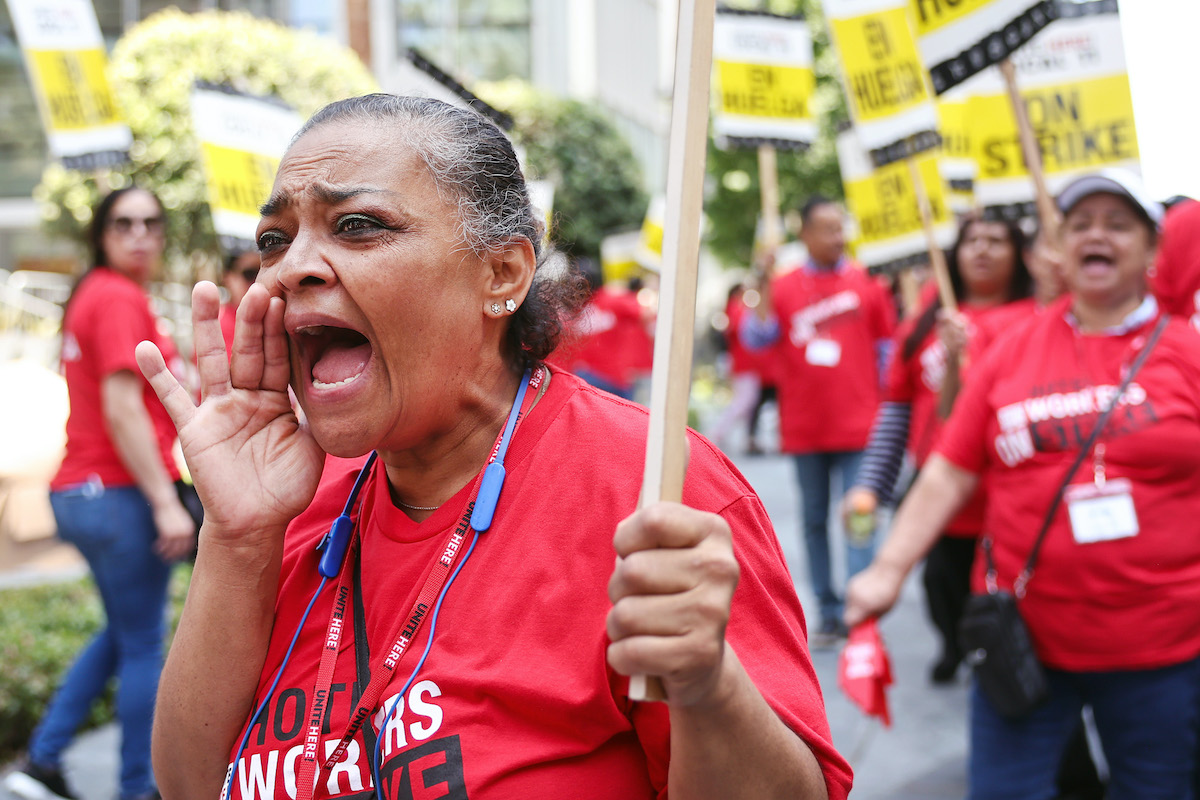Striking hotel workers on the picket line.