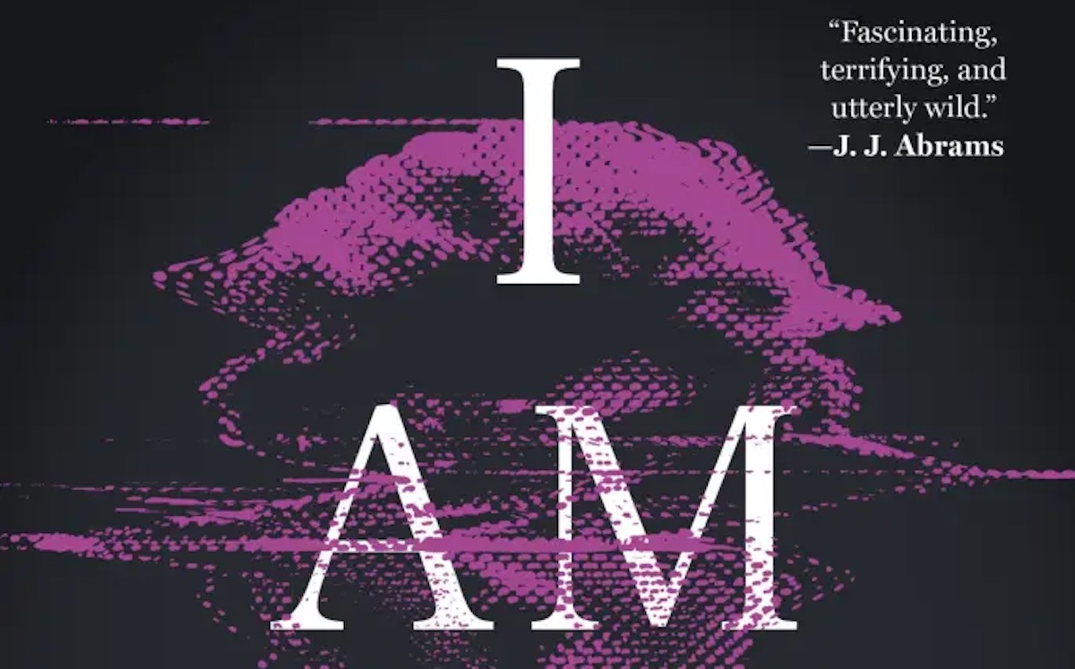 A cropped version of the I Am Code AI poetry book cover, featuring a computer glitch distorted portrait of a man's face in the background.