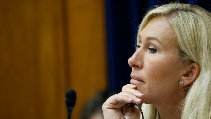 Marjorie Taylor Greene looks like she's thinking.