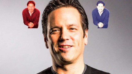A headshot of xbox ceo phil spencer in front of a white background with two flanking headshots of activision-blizzard ceo bobby kotick to his top left and right. The bobby photos are colored to resemble an angel and a devil on phil spencer's right and left, respectively.