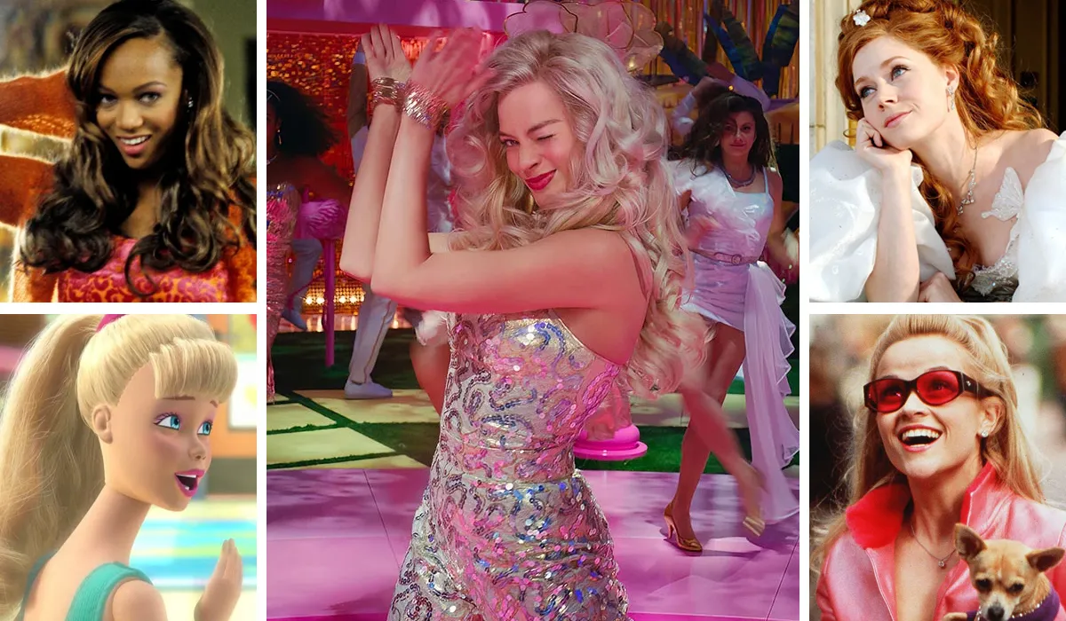 Movies like 'Barbie,' featuring Margot Robbie as Barbie in the center, surrounded by (clockwise from top left): 'Life-Size,' 'Enchanted,' 'Legally Blonde,' and 'Toy Story 3'