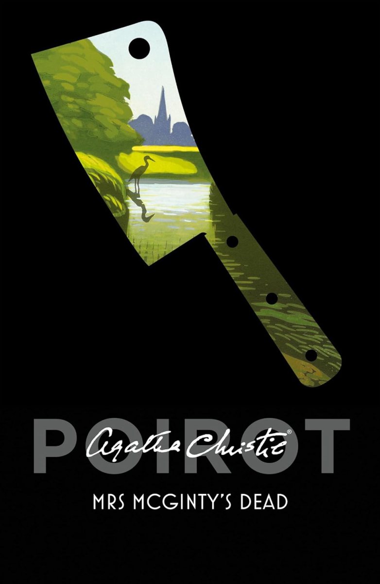 Cover of Agatha Christie novel Mrs. McGinty's Dead; a black cover with a cut out shaped like a cleaver. The cut out has a full colour picture of a pond in a garden in it.