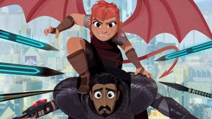 Nimona, wearing large bat wings, rides on top of Ballister. There are spears pointed at them. Nimona is grinning, while Ballister looks scared.