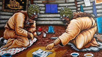 An oil painting of two sand people from Star Wars sitting in a Diné hogan, pouring sand into an image of R2D2.
