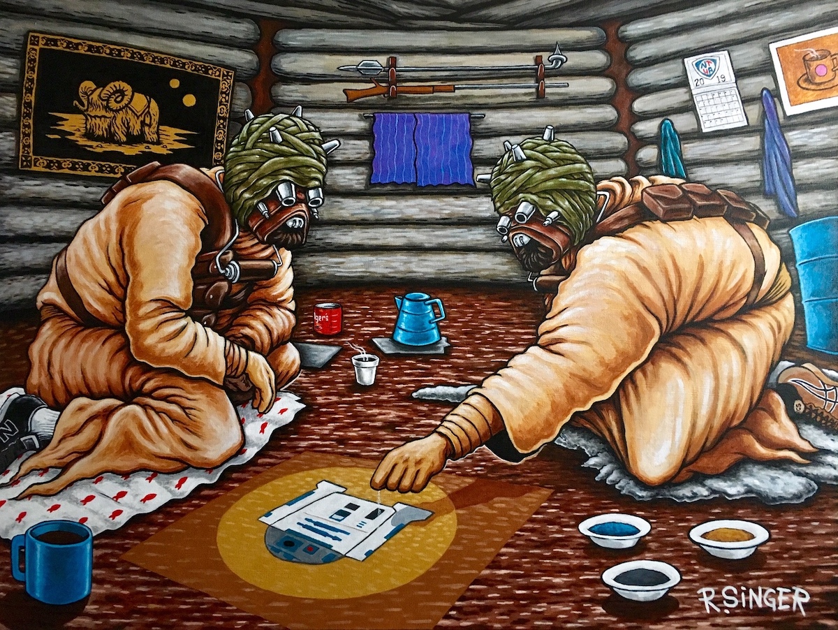 An oil painting of two sand people from Star Wars sitting in a Diné hogan, pouring sand into an image of R2D2.