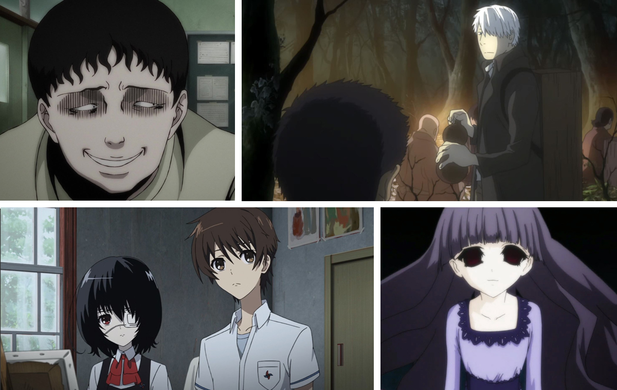 The scariest horror anime, featuring (clockwise from top left): 'Junji Ito Collection,' 'Mushi-Shi,' 'Shiki,' and 'Another'