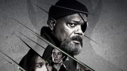 Secret Invasion poster showing Nick Fury and other characters against a grey background with slash marks.