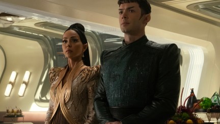 T'Pring and Spock stand side by side, wearing fancy Vulcan ceremonial outfits.