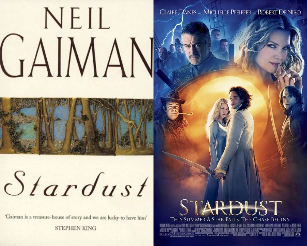 "Stardust" by Neil Gaiman next to movie poster.