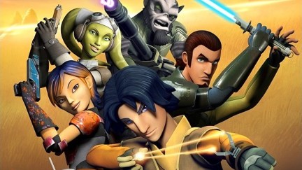 The crew of the Ghost in Star Wars rebels, including Ezra Bridger, Kanan Jarrus, Hera Syndulla, Sabine Wren, Garazeb Orrelious, and Chopper