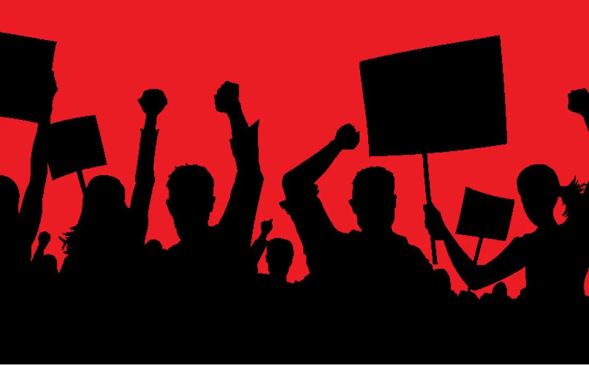 Illustrated silhouettes of striking workers against a red background.