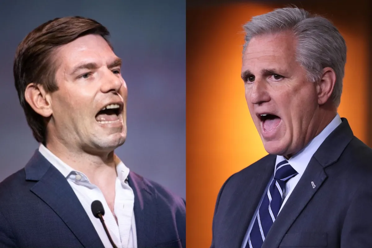 An image of Eric Swalwell and an image of Kevin McCarthy, both yelling