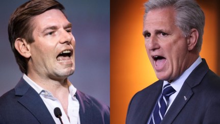 An image of Eric Swalwell and an image of Kevin McCarthy, both yelling