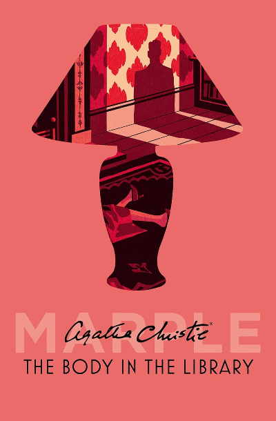 Cover of Agatha Christie's The Body in the Library; a pink book with a cut out in the shape of a lamp showing a woman's legs on the floor of a library.
