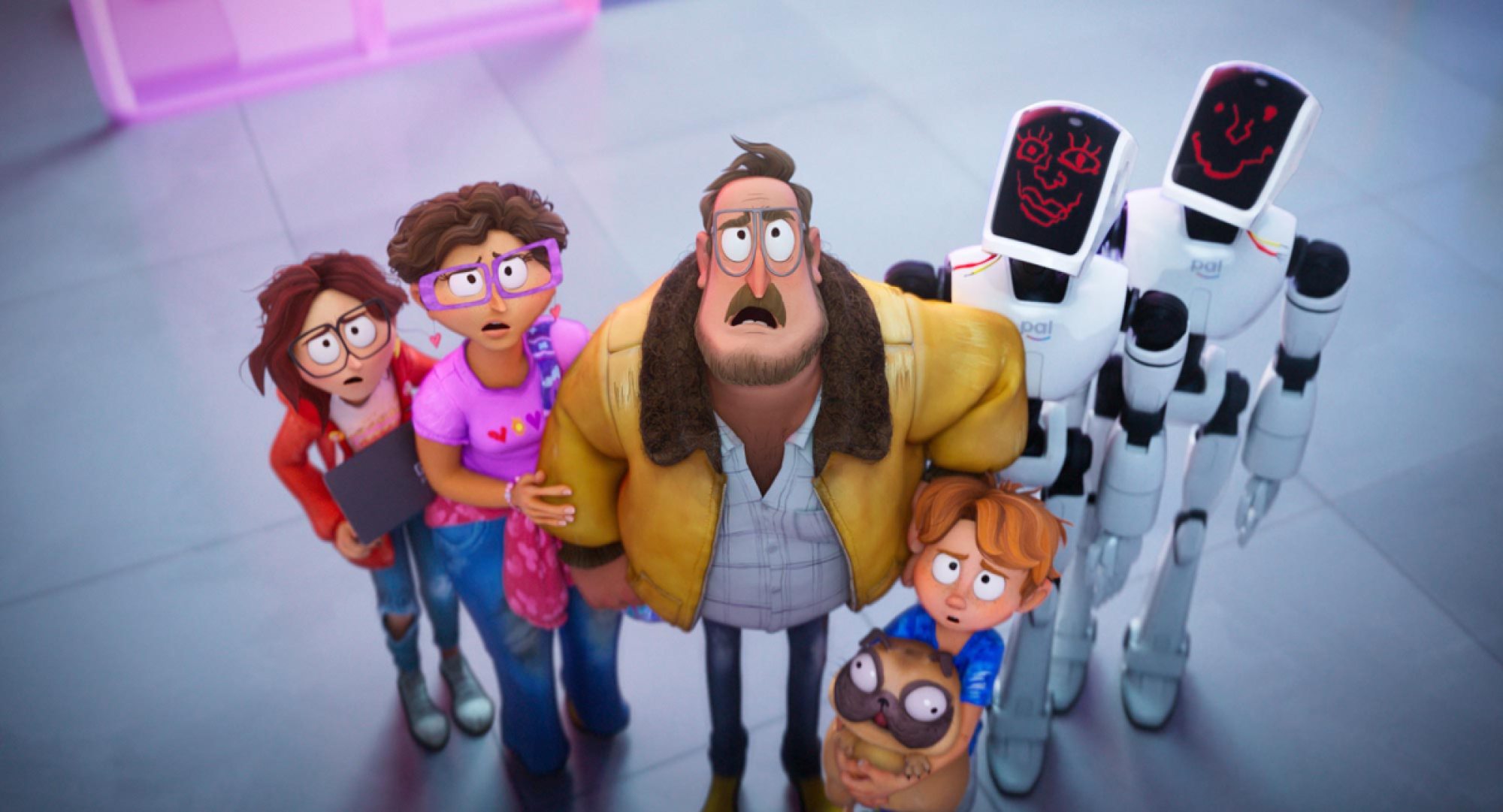 THE MITCHELLS VS. THE MACHINES (L-R) Abbi Jacobson as “Katie Mitchell", Maya Rudolph as “Linda Mitchell", Danny McBride as “Rick Mitchell”, Doug the Pug as “Monchi” and Mike Rianda as “Aaron Mitchell”.