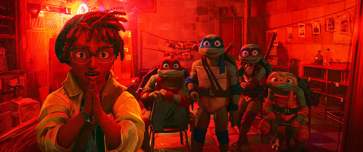 L-r, APRIL O’NEIL, RAPH, LEO, DONNIE, MIKEY in PARAMOUNT PICTURES and NICKELODEON MOVIES Present A POINT GREY Production “TEENAGE MUTANT NINJA TURTLES: MUTANT MAYHEM”