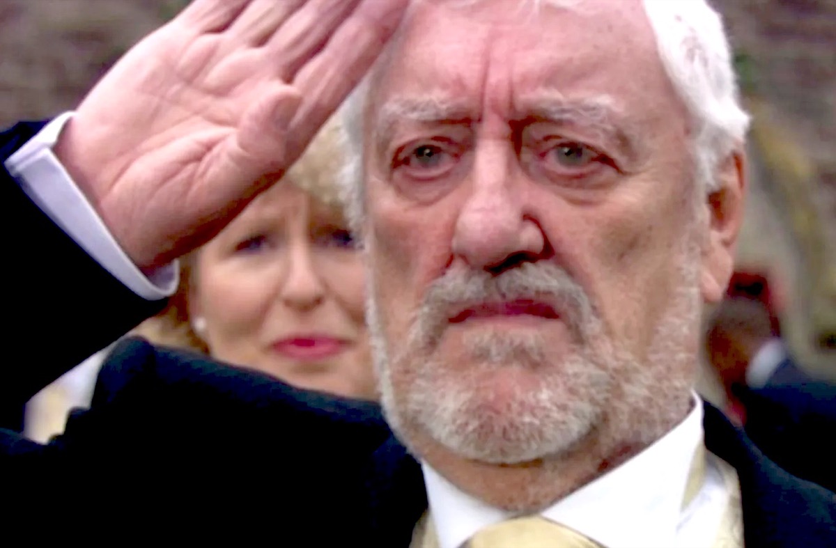 Wilfred looks sad and salutes on BBC's Doctor Who.