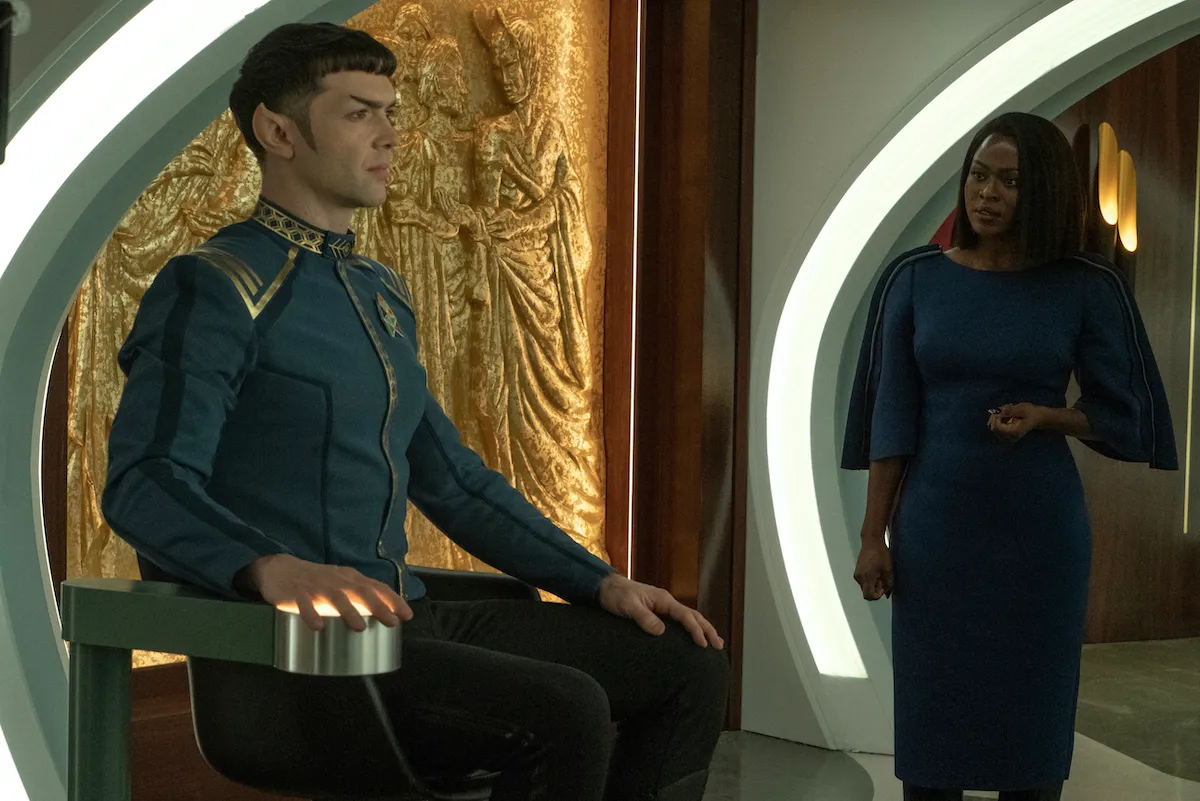 Ethan Peck as Spock and Yetide Badaki as Neera in episode 202 “Ad Astra per Aspera” of Star Trek: Strange New Worlds, streaming on Paramount+, 2023