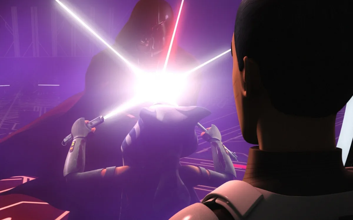Ahsoka and Darth Vader battle with lightsabers in the 'Star Wars Rebels' episode "World Between Worlds"