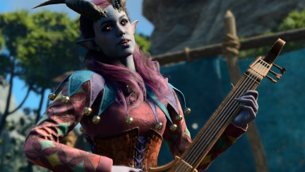 Alfira, a bard in 'Baldur's Gate 3': A woman with blue skin and horns wears renaissance-style garb and plays a stringed instrument