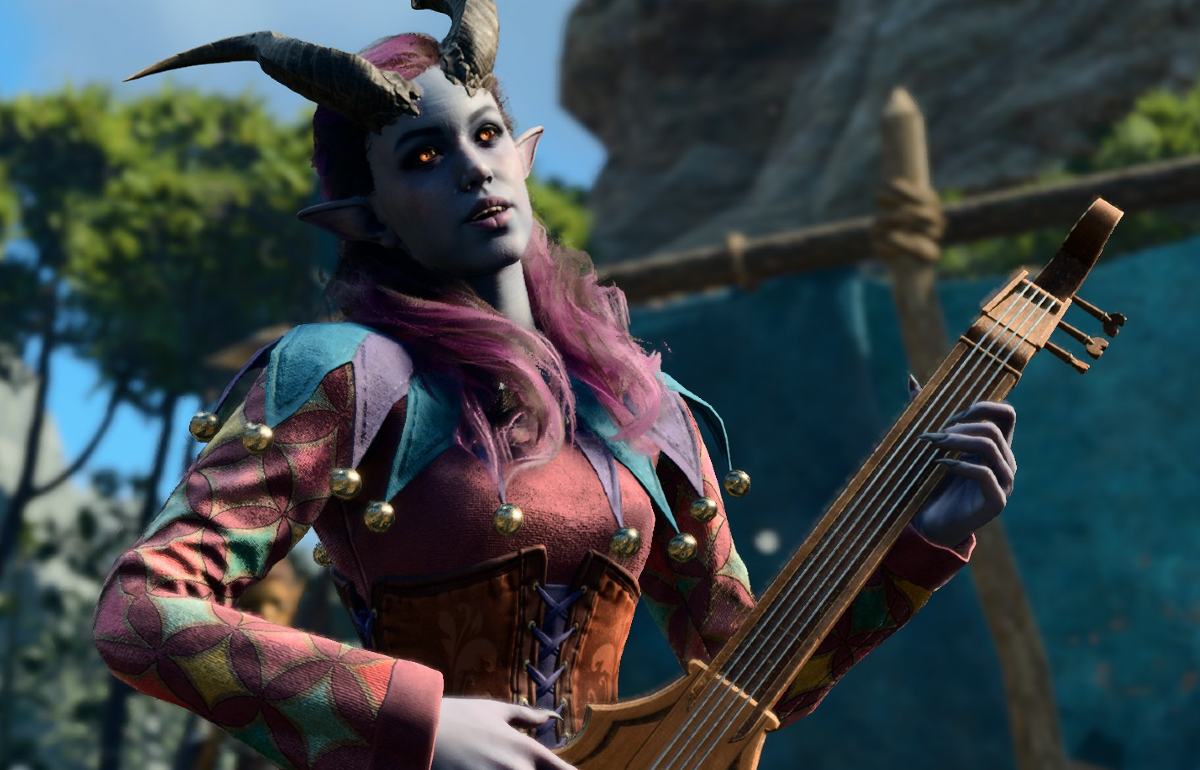 Alfira, a bard in 'Baldur's Gate 3': A woman with blue skin and horns wears renaissance-style garb and plays a stringed instrument