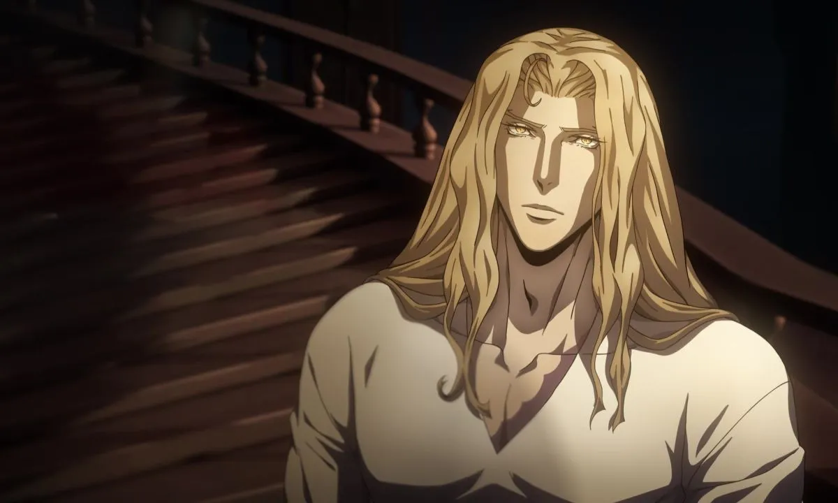 A blonde vampire named Alucard Tepes (voiced by James Callis) looking beautiful in Castlevania