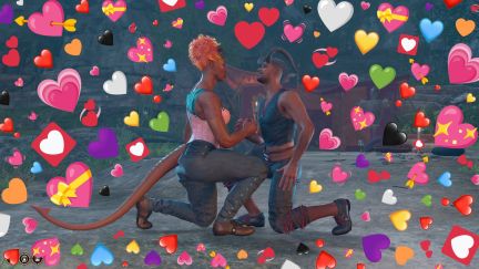 Wyll and Alyssa dancing at camp and surrounded by heart emojis in 'Baldur's Gate 3'