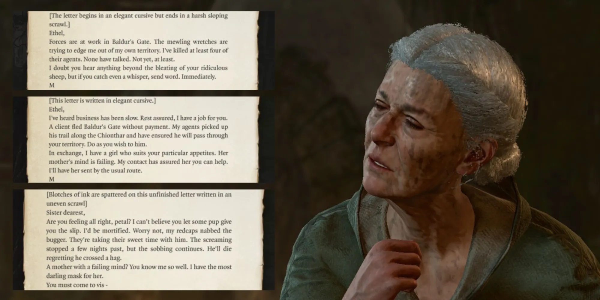 Pre-transformation Auntie Ethel next to some letters back and forth to "M" (these letters are not in order) in Baldur's Gate 3. 