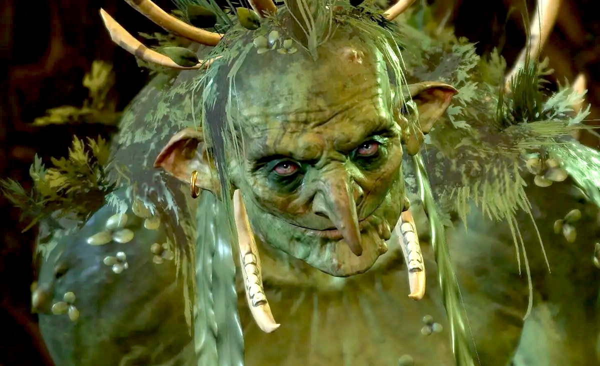 Auntie Ethel's transformation into a bog-looking hag wearing humanoid jawlines as earrings.