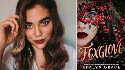 Photo of Author Adalyn Grace next to a cover of her book Foxglove
