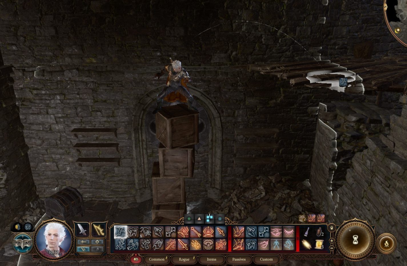 Astarion in 'Baldur's Gate 3' jumping to a ledge thanks to box stacking. Image cropped to remove spoilers.