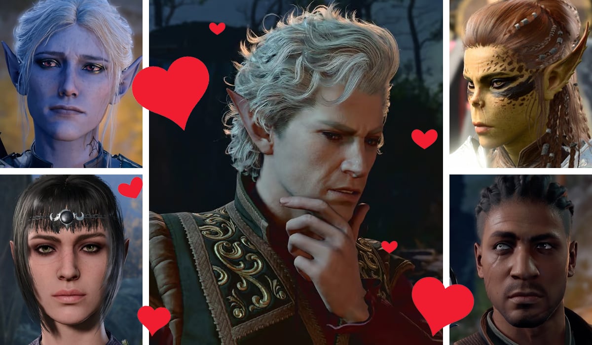 A collage of characters from 'Baldur's Gate 3' overlaid with hearts.
