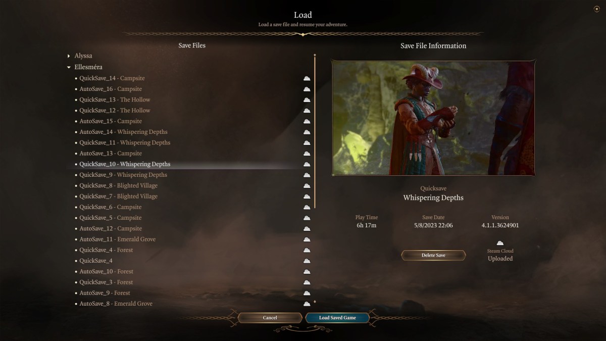 Baldur's Gate 3 save menu.