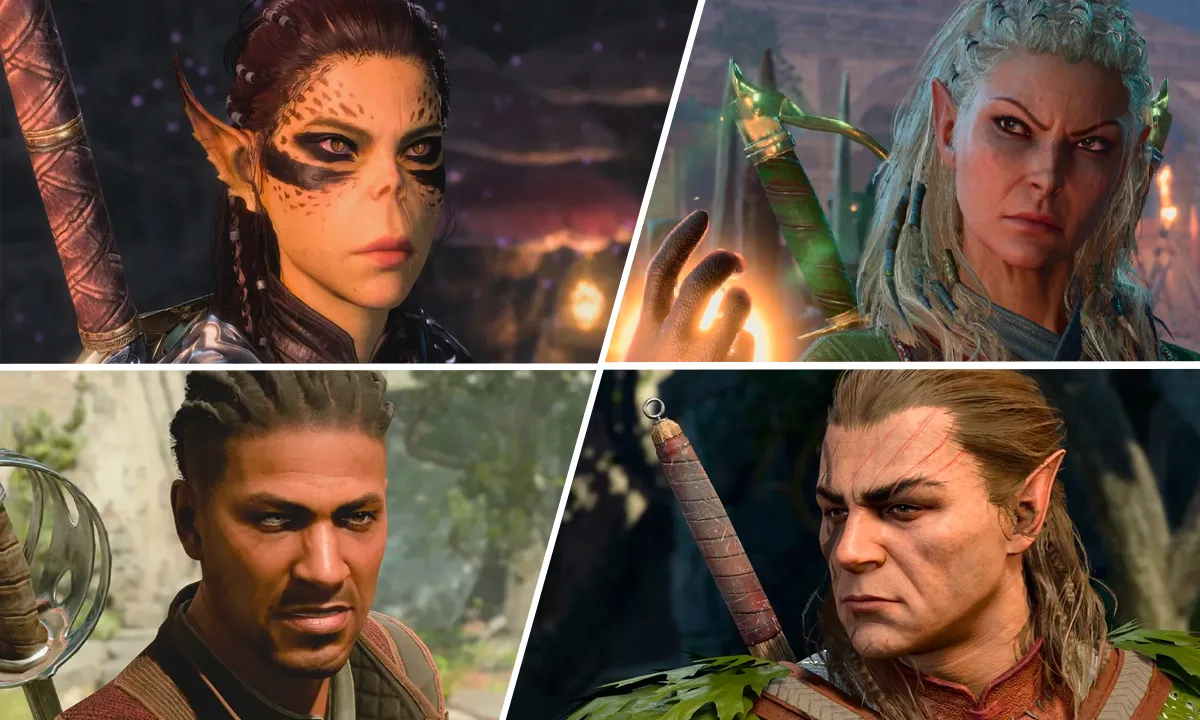 A collage of characters from 'Baldur's Gate 3' (clockwise from top left): Lae'zel, a green-skinned humanoid with pointy ears; Minthara, a white-haired woman with a glowing magic hand; Halsin, a Druid man with long hair and battle armor; and Wyll, a Black man with one light eye and one brown eye, carrying a sword.