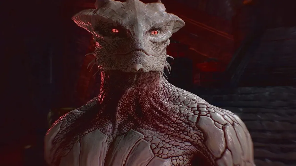 Promo image of an example of "The Dark Urge," featuring a white Dragonborn.
